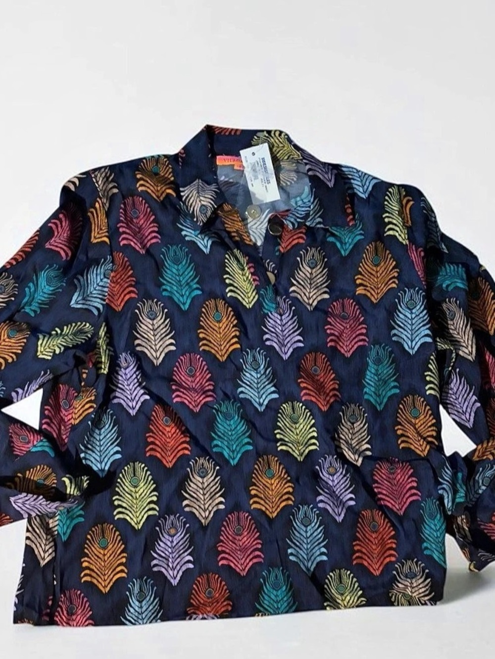 Vilagallo Irresistibles Feather Paper-Navy Feather Print Blouse Blue Size 44 NWT